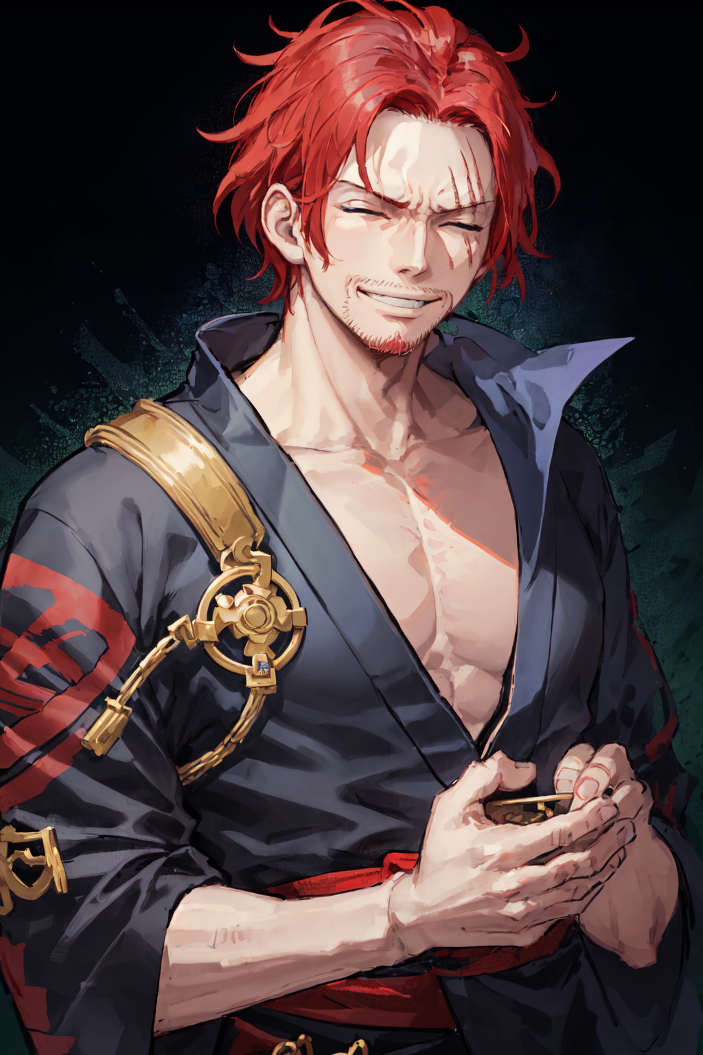 00331-42632747-, Shnks, solo, red hair, 1boy, black eyes, male focus, facial hair, scar,  grin, closed eyes,  upper body, ((blue kimono)),.png